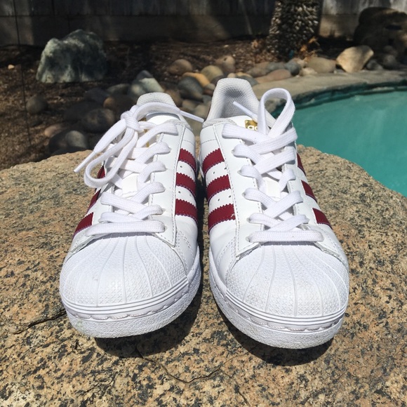 adidas Shoes | Adidas Superstar White And Burgundy Euc | Poshmark